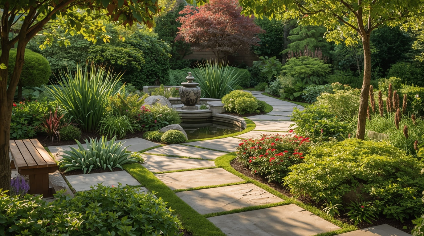 Professional garden design showing a harmonious blend of plants and hardscaping