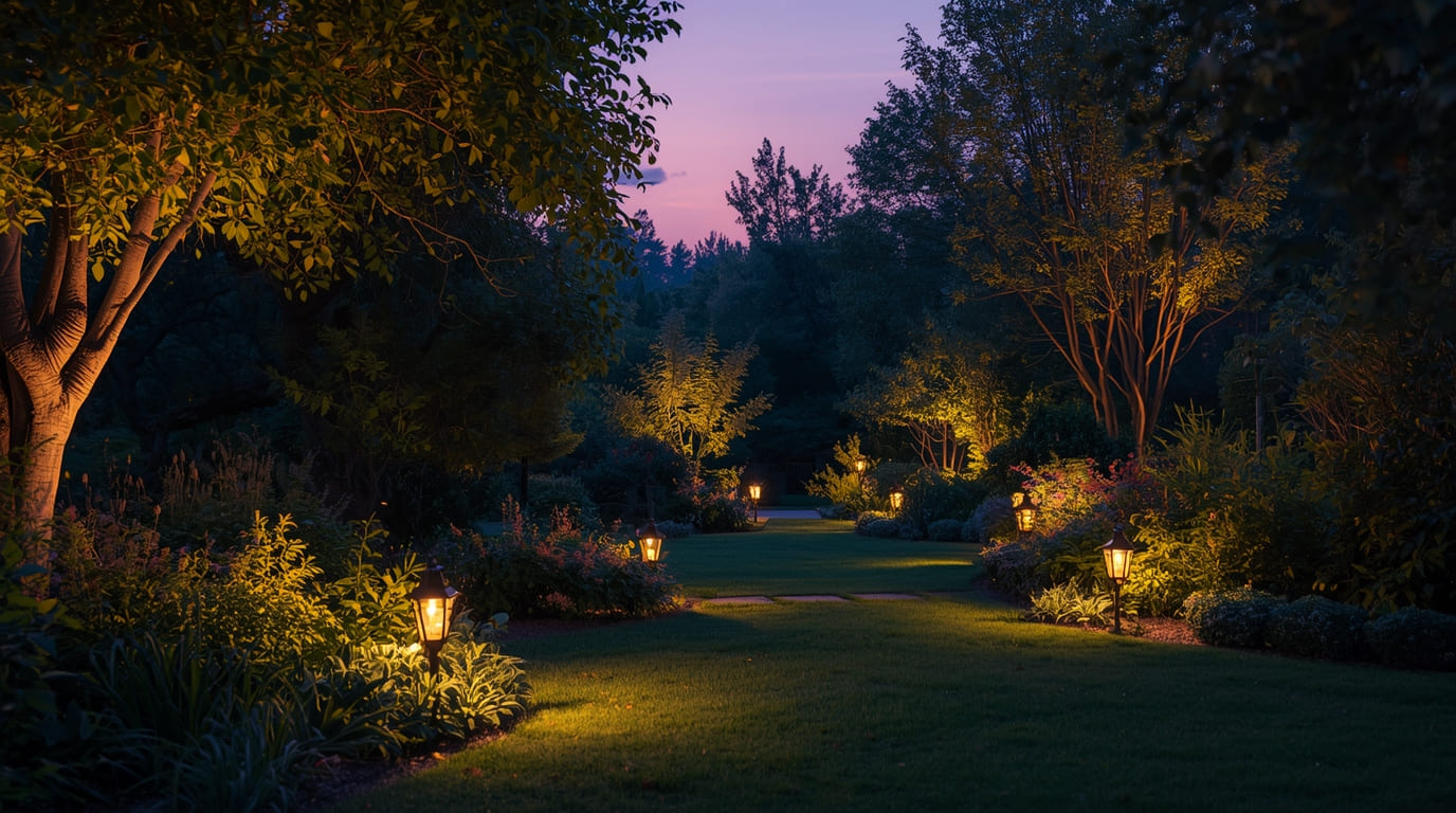 Garden lighting creating a magical atmosphere in an evening landscape