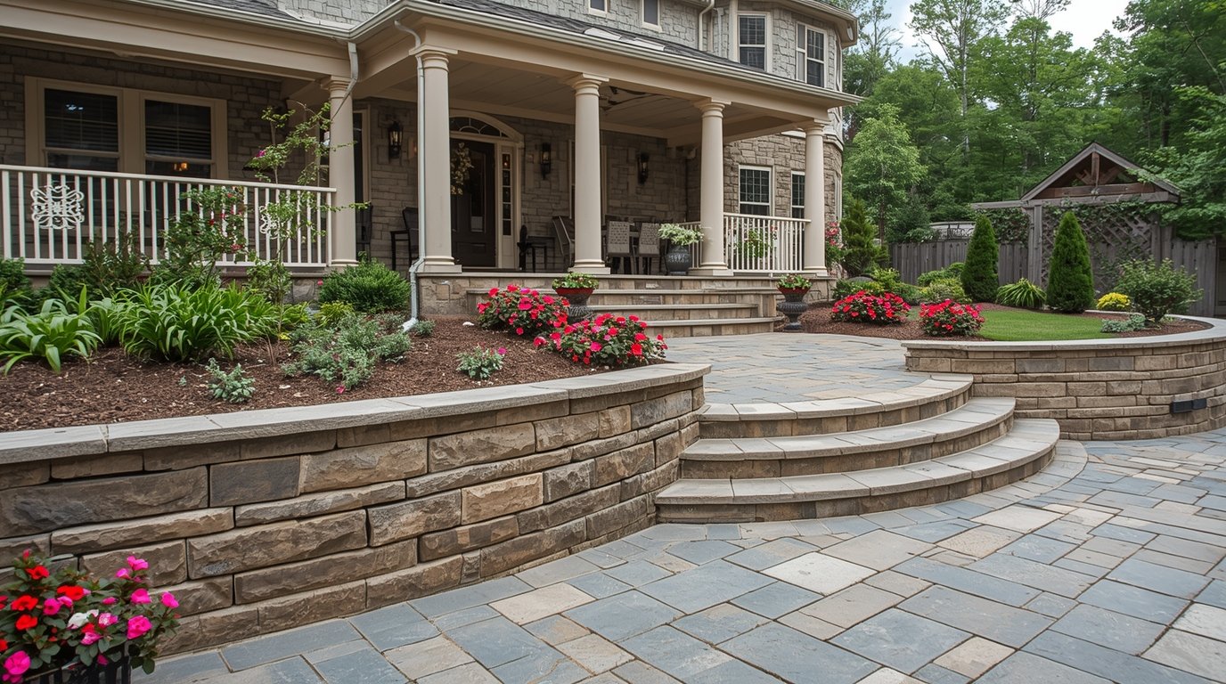 Beautiful stone patio with integrated steps and planting areas