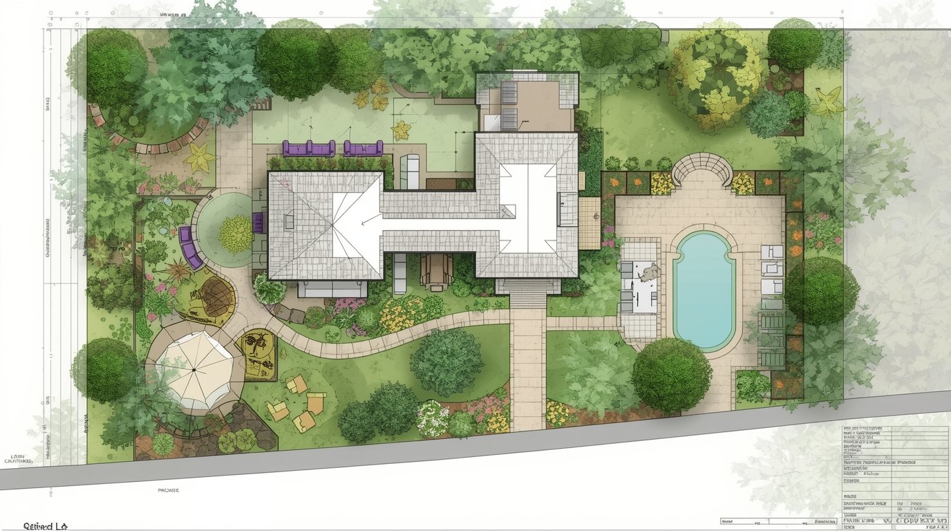 Detailed landscape masterplan drawing showing garden layout and features